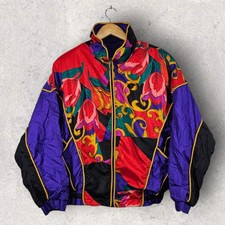 Vtg 80s East West Tulip Satin Bomber Padded Shoulder Jacket Uk M