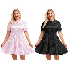 Women's Silky Puff Sleeve Ruffled Dress Bowknot Turn-down Collar A-line Dress