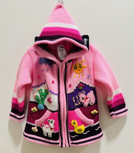 Girl's 3T/4T Pink Colorful Peruvian Knitted Wool Sweater Cute Embroidered Print
