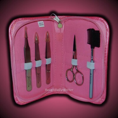 SATIN SMOOTH 5 PC STAINLESS STEEL TWEEZER KIT PINK TRAVEL GROOMING SET - 2 PACK!
