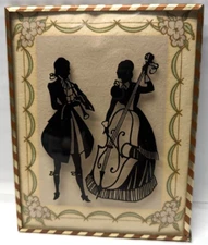 Vintage Reverse Concave Painted Silhouette Victorian Couple Playing Instruments