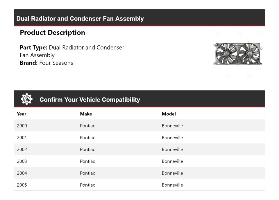 适用于 2000 - 2005 庞蒂亚克 Bonneville 双散热器冷凝器风扇 Assy 4 季 — 第 2/4 张图片