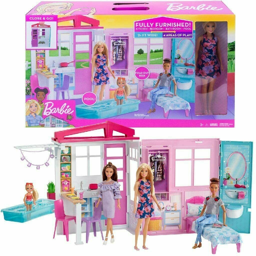 Casa de bonecas Barbie, jogo portátil de 1 andar com piscina e acessórios