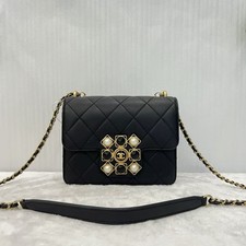 Auth Chanel Black Quilted Lambskin Mini Flap Bag with Pearl & Stone Turn-Lock