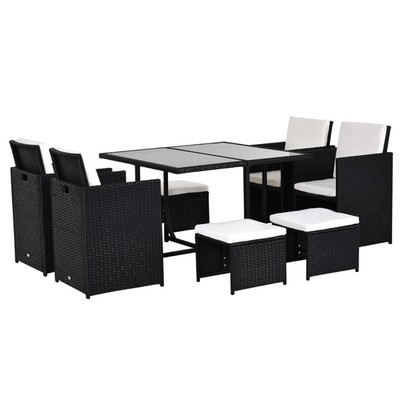 Rattan Garten Anbausofa 9-teilig schwarz mit milchweißen Kissen 109x109x72cm Glas