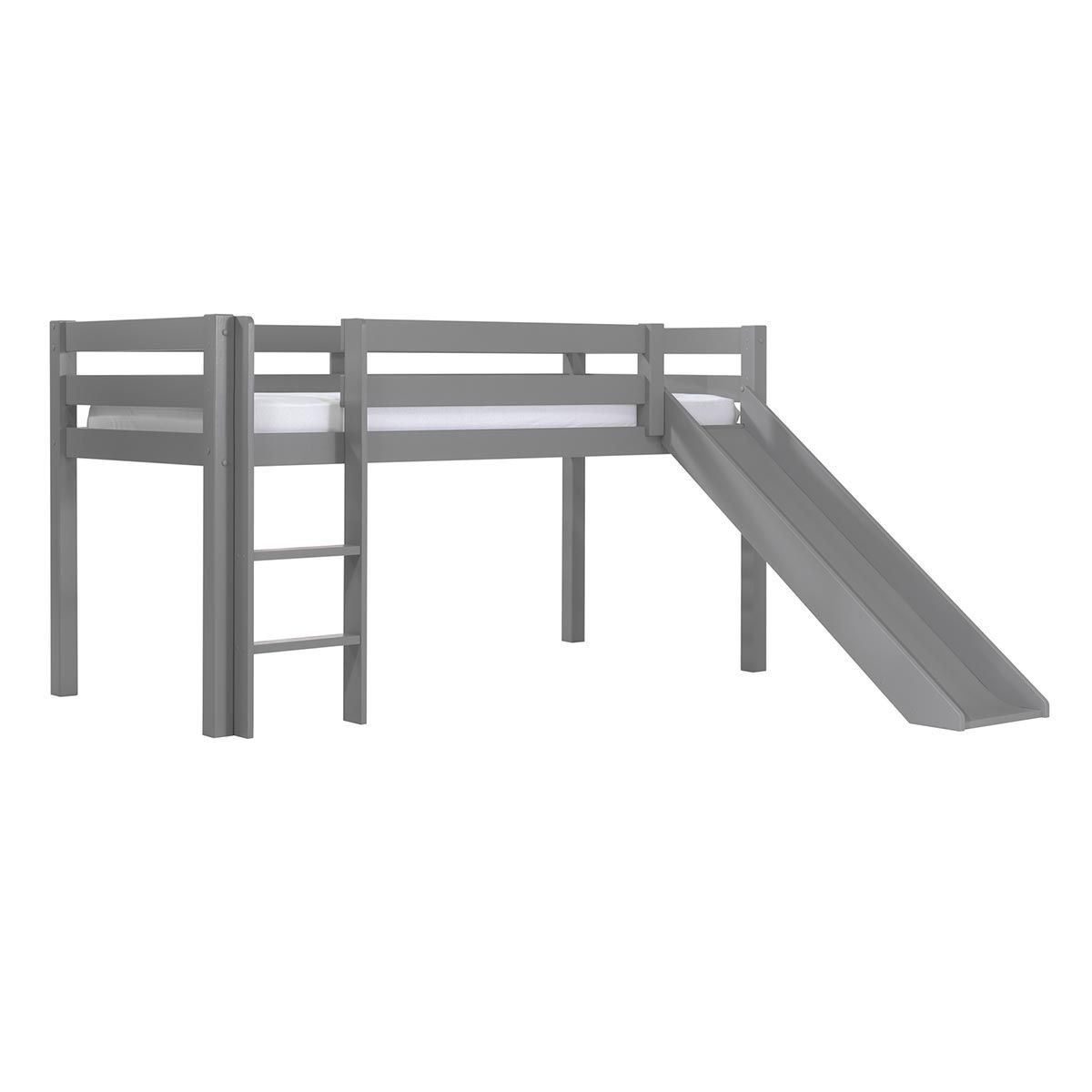 Lit surélevé 90x200 toboggan Pino gris pour chambre enfant gain de place meuble en bois