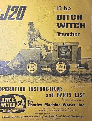 Ditch Witch 1965 18hp 2cyl J20 4WD Utility Trencher Tractor Owner & Parts Manual