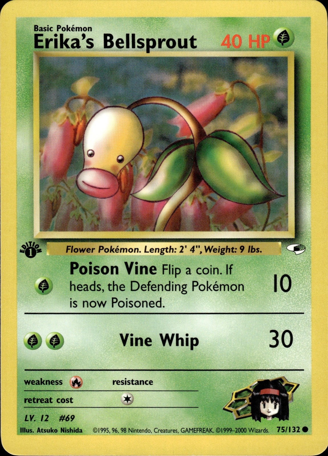 Pokemon Erika's Bellsprout 75/132 Gym Heroes 1st Edition MP Atsuko Nishida