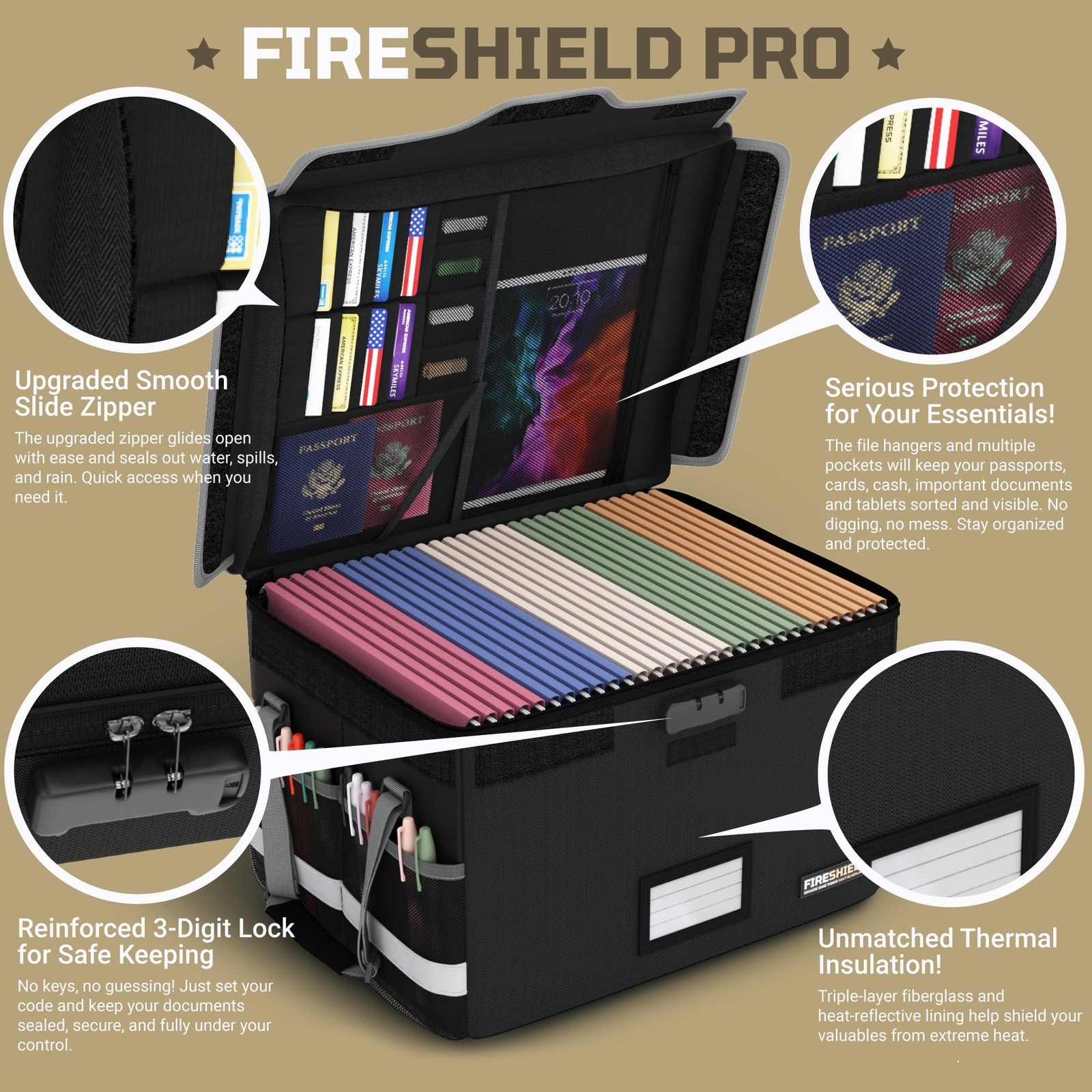 FIRESHIELD PRO 5200°F Fireproof Document Box with Lock – Portable Wat