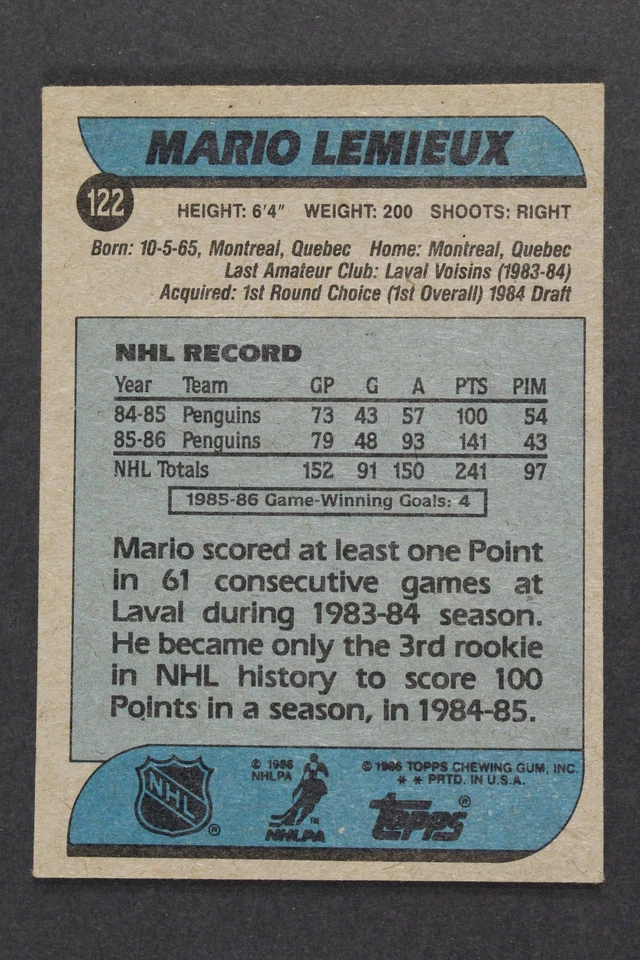 1986-87 Topps #122 Mario Lemieux HOF Pittsburgh Penguins Hockey - Image 2 of 2