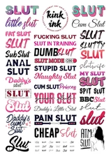 34 X "Slut" Temporary Tattoo Kinky A4 Sheet