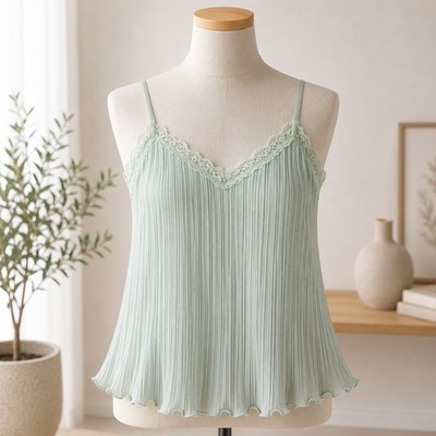 Lush Pleated Lace Trim Cami Top Womens Large Sage Green Adjustable Straps