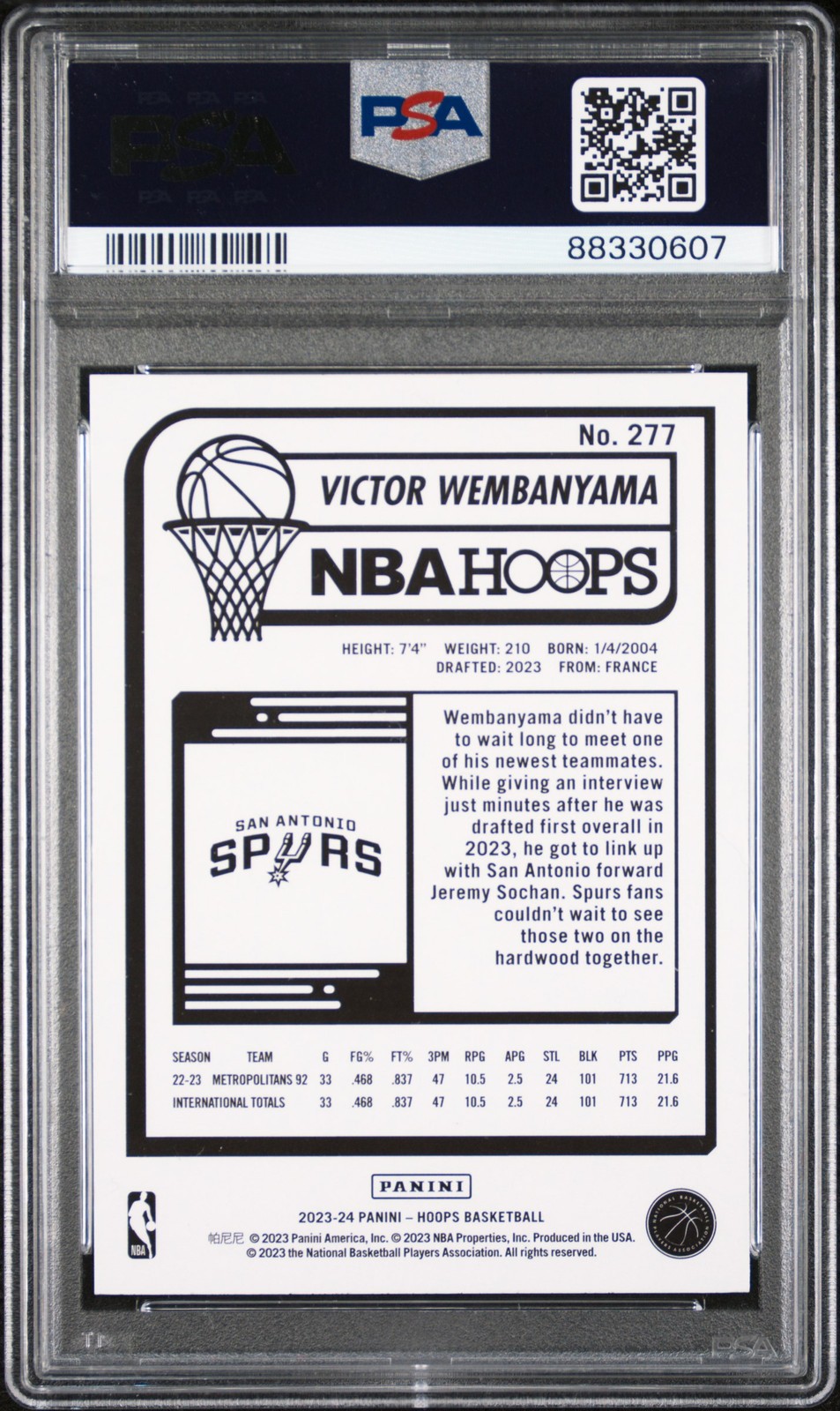 2023-24 Hoops #277 Victor Wembanyama PSA 10 RC Rookie view 2