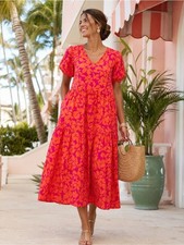 J.Crew Tropical Floral Puff Sleeve Midi Dress Size 8 Pink Orange Cotton Pockets