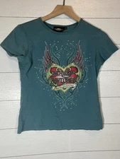 Harley Davidson Rhinestone Heart Wing Y2K Women’s Motorcycle Top Teal Size Small