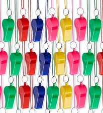 60 Neon Assorted Colour Whistles with Lanyards Kids, Parties, Sports, Carnivals