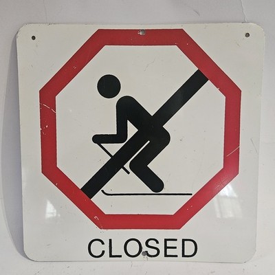 Vintage Original NO SKIING Skiing Trail Closed Metal Advertising Sign 12×12''