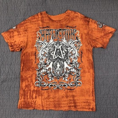 Affliction Shirt Men XL Orange American Customs Skull Biker Reversible Tee Motor