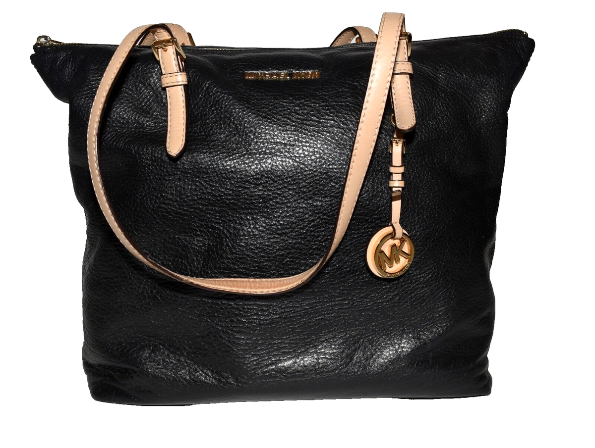 Michael Kors Black Soft Pebbled Leather Adjustable Tan Straps