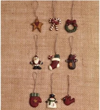 Rustic Primitive Mini Christmas Ornaments, 1.25" Tall- Candy Canes Stocking