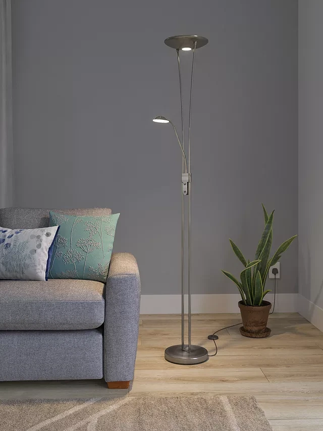 John Lewis Levity LED Uplighter Reading Floor Lamp Satin Nickel A
