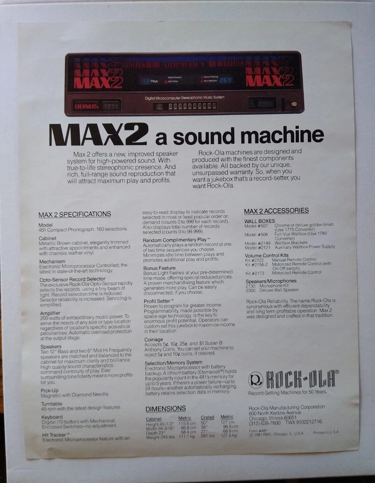Rock Ola Max 2 Model 481 Jukebox Flyer Original Phonograph Music Artwork 1981 - Image 2 of 2