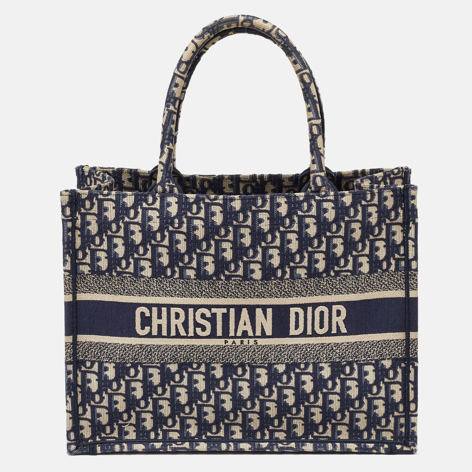 Sac fourre tout moyen livre toile brodée oblique bleu marine Dior