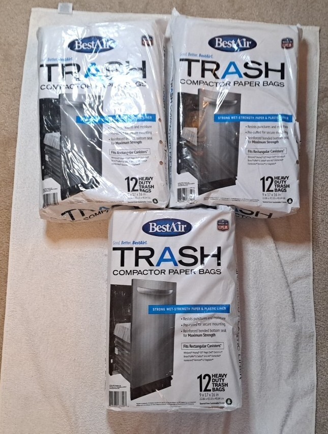 3 BestAir Trash Compactor Bags 9×17×16 In. Paper Plastic Liner 36 Bags