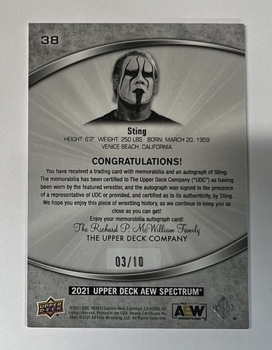 2021 Upper Deck AEW Spectrum Autograph #38 STING Auto Gold /10 Patch Relic Worn - Picture 3 of 3