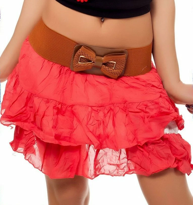 Sexy Women Mini Skirt Ruffle Crinkle Knit Tiered Fabric Bow Waist XS-S Coral