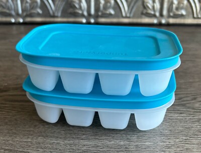 Tupperware Mini Freezer Mates Mini Ice Cube Trays with Lids, New, Blue & White