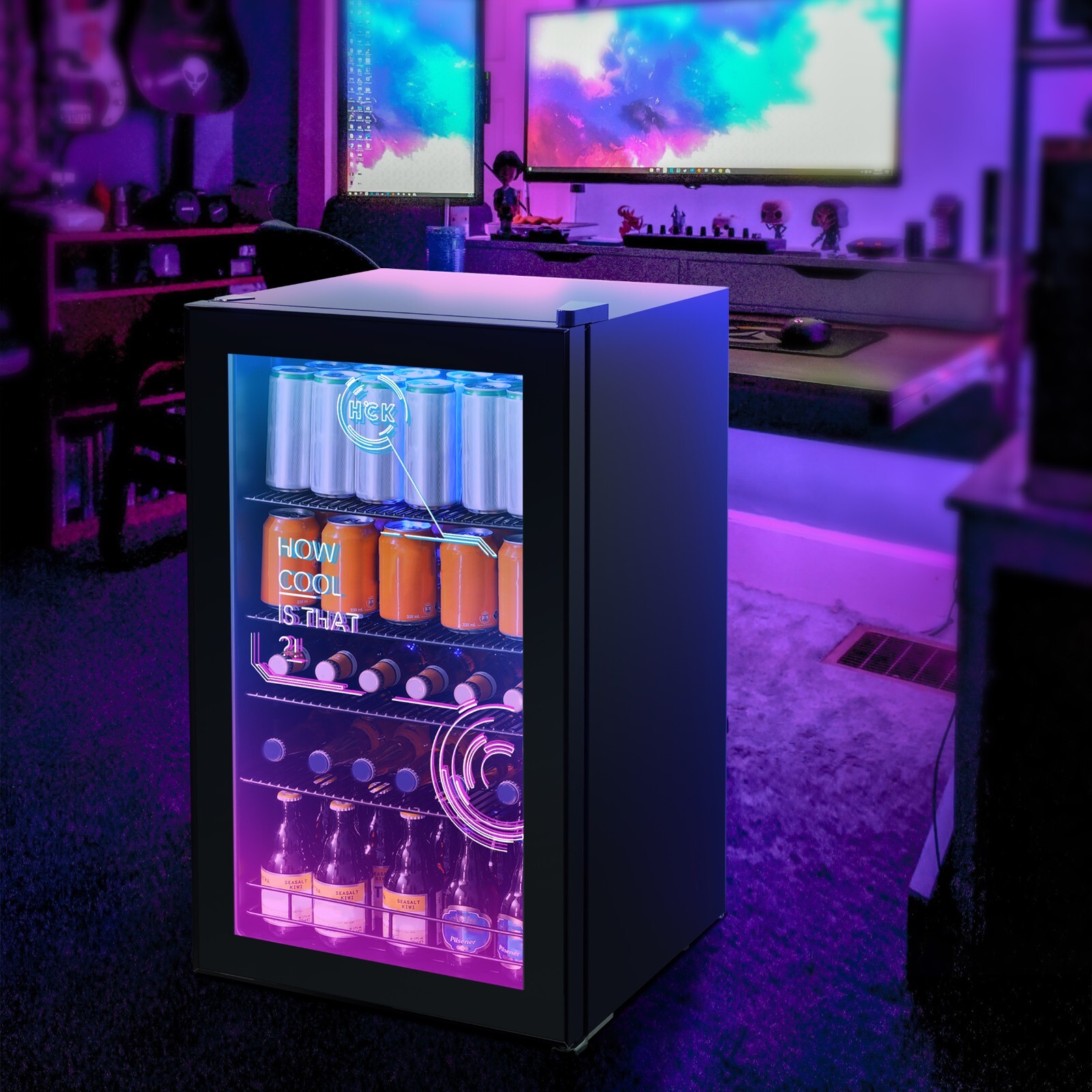 HCK 98L Mini Beverage Refrigerator,010°C,Fridge With Cyberpunk Modern