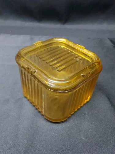 Vintage FEDERAL GLASS Amber Yellow Depression REFRIGERATOR DISH with Lid