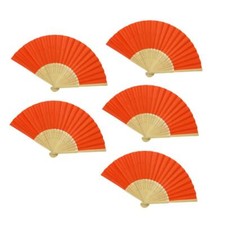 5pcs Orange Paper Fans Lot of 5 Five Folding Hand Fan Pocket Wedding Bamboo NEW