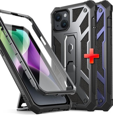 2 Poetic Kickstand Built-in Screen Case For iPhone 14 Plus Cover Gun Metal+Blue