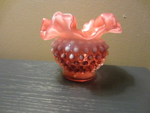Vintage Fenton Cranberry Opalescent Multi-Colored Hobnail Ruffle Vase