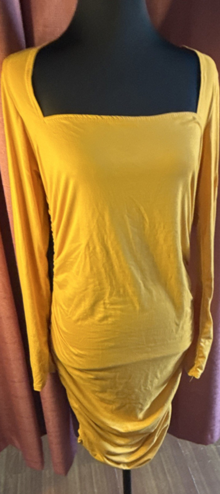 wear ever Yellow Ruched Knee Length Bodycon Dress S Square Neck Long Sleeve