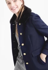 J crew Navy Melton Wool Faux Fur Collar Gold Button Side Pocket Coat Jacket Sz 0