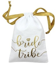 10pc Bride Tribe Drawstring Bags w/Satin 7x5 Inch Pack of 10 White  Gold