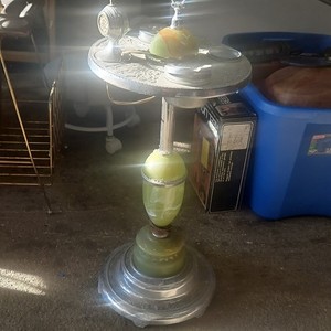 Vintage Pedestal Floor Ashtray Metal & Green Glass Round Top Silver Glossy