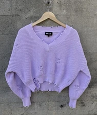 SER.O.YA Syd Distressed Lavender Purple Cable Knit V-Neck Cropped Sweater Large