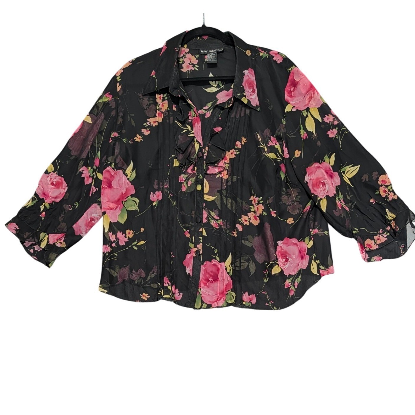 Mlle Gabrielle Black Pink Rose Floral Pintuck Ruffle Sheer Blouse Plus Size 20