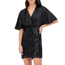 Eliza J Black Cocktail Dress Satin and Sequin Short Sleeve Mini Sheath Size 6