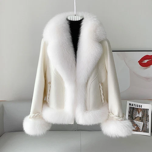 OFF WHITE Cappotto donna pelliccia di volpe collo double face pelliccia cashmere piumino spesso caldo nuovo
