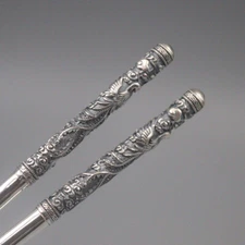 Pure Solid S999 Fine Silver Chopsticks Healthy Phoenix Pattern Dinnerware 7.9in 
