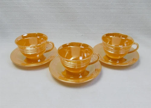 Vtg 1950s Fire King Laurel Leaf Peach Lusterware Cup and Saucer Set of 3