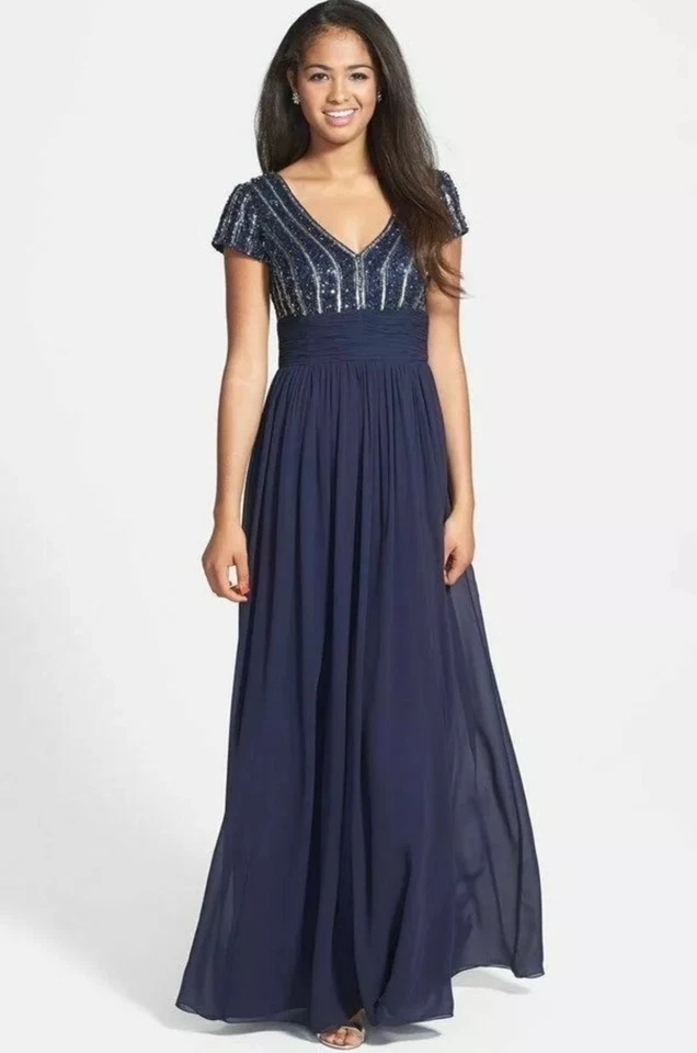 JS COLLECTIONS Navy Silver Beaded Sequin Embellished Chiffon Maxi Empire Gown 2 - Image 3 of 4