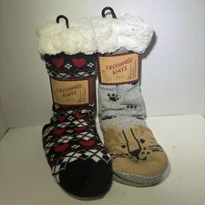 Treehouse Knit Lot of 2  Women Thick Knit Sherpa Grips Lined Lounge Socks New