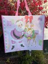Christmas Santa 🎅Reindeer Vintage Look Reusable Shopping Bag Tote HTF in PINK