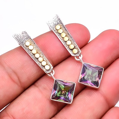 Regenbogen Mystischer Feuertopas Edelstein 925 Silber Bicolor Ohrring 1,95'' E13
